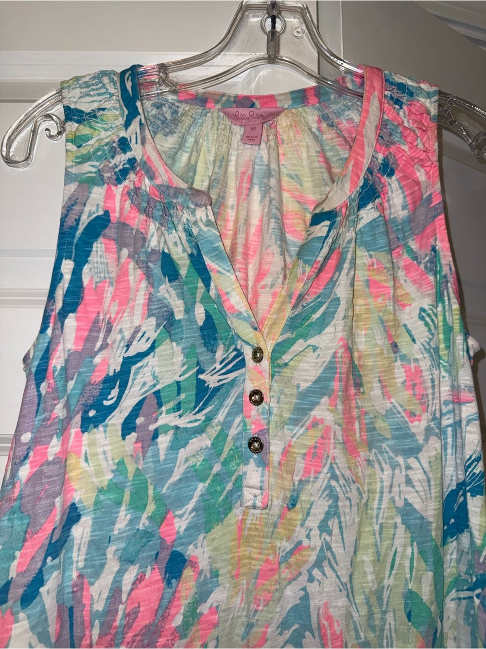 Lilly Pulitzer Sleeveless V-Neck Mini Dress in Pink, Blue & Green Tropical Print - Picture 3 of 4